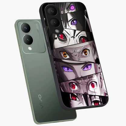 Eyes of Destiny Glass Case displayed in angled mockup highlighting bold eye illustration with mystical aesthetic style.