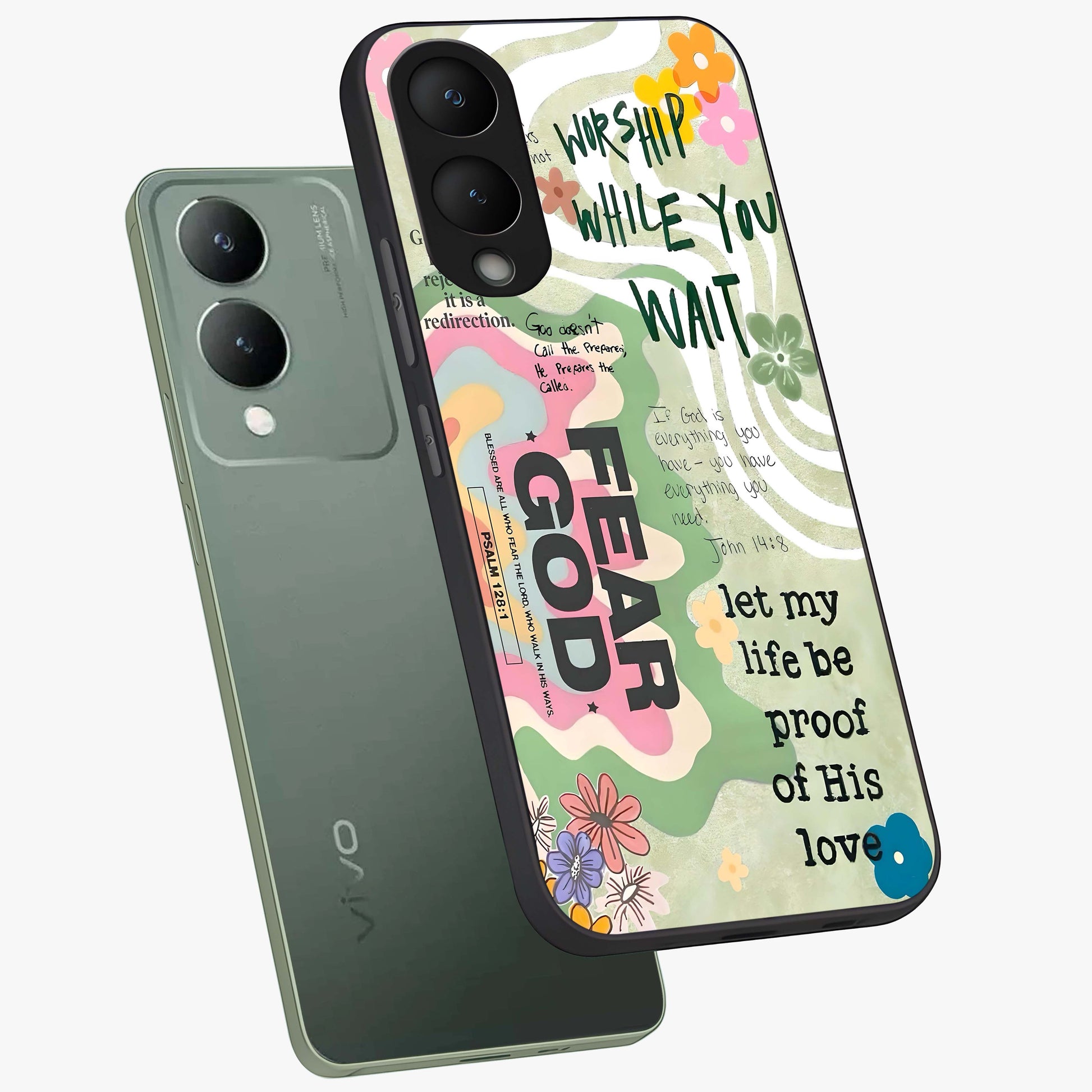 Faith Over Fear Glass Case displayed in angled mockup highlighting inspirational message design with modern aesthetic style.