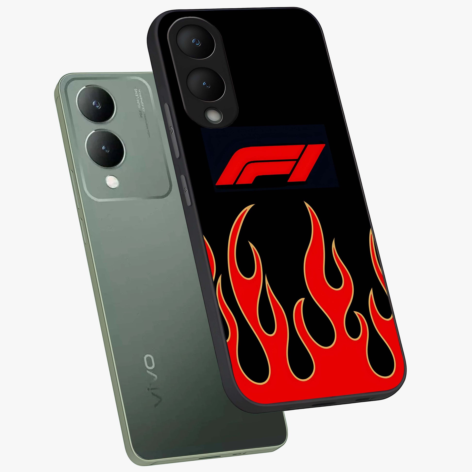 Fire F11 Glass Case displayed in angled mockup highlighting bold fire inspired graphic with energetic aesthetic style.