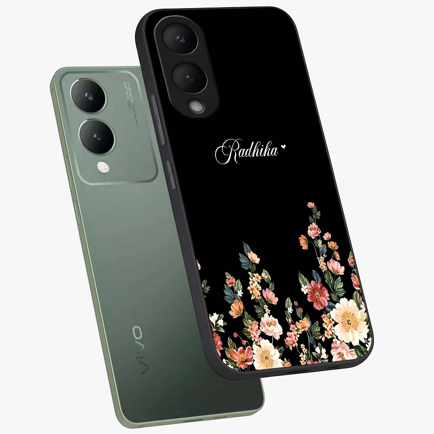 Floral Design With a Custom Personalized Name Glass Case displayed in angled mockup highlighting elegant floral pattern with custom name feature.