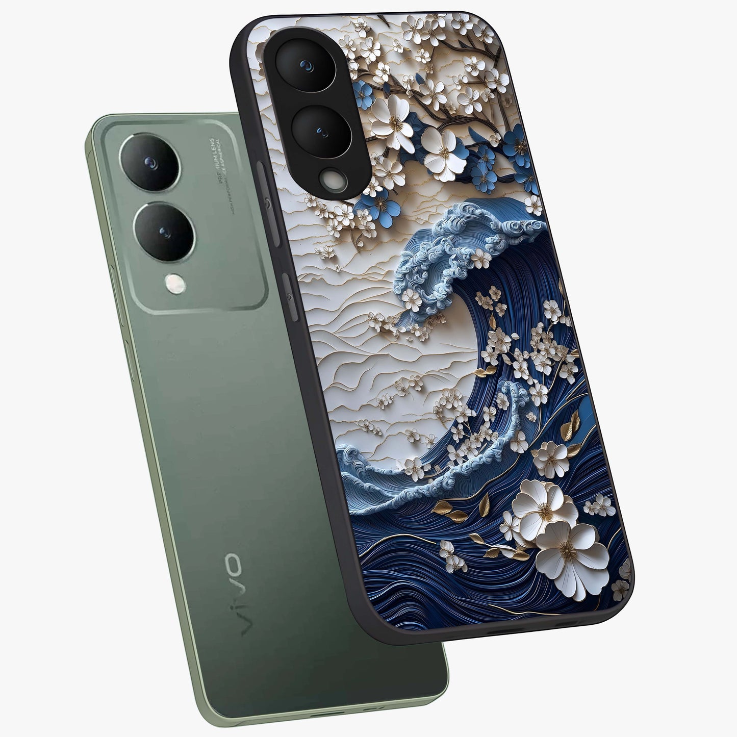 Floral Wave Origami Glass Case displayed in angled mockup highlighting geometric origami flower design with modern aesthetic style.