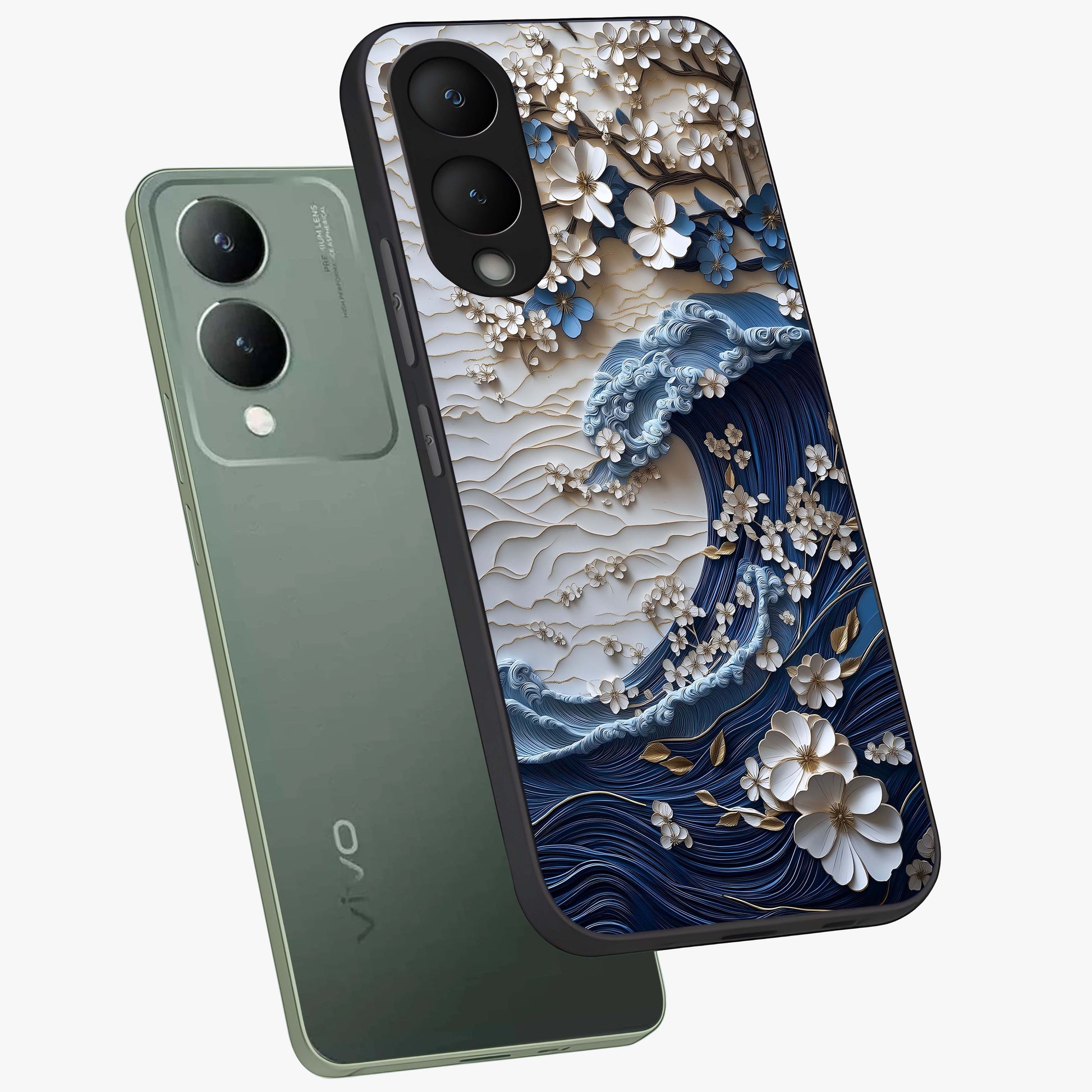 Floral Wave Origami Glass Case displayed in angled mockup highlighting geometric origami flower design with modern aesthetic style.