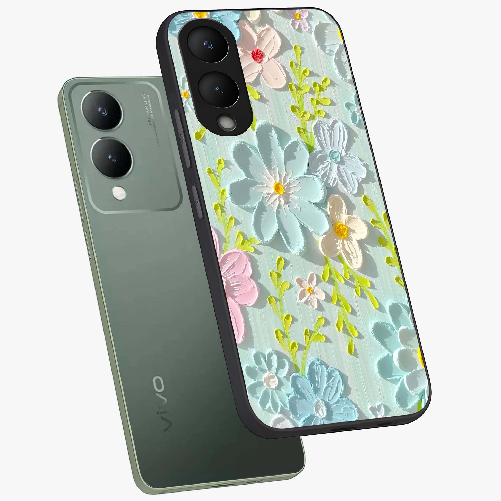 Frosted Petal Garden Glass Case displayed in angled mockup highlighting delicate flower petal design with calm garden aesthetic.