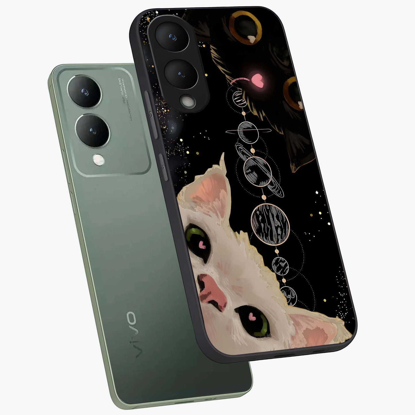 Galactic Cat Glass Case displayed in angled mockup highlighting celestial feline illustration with galaxy aesthetic style.