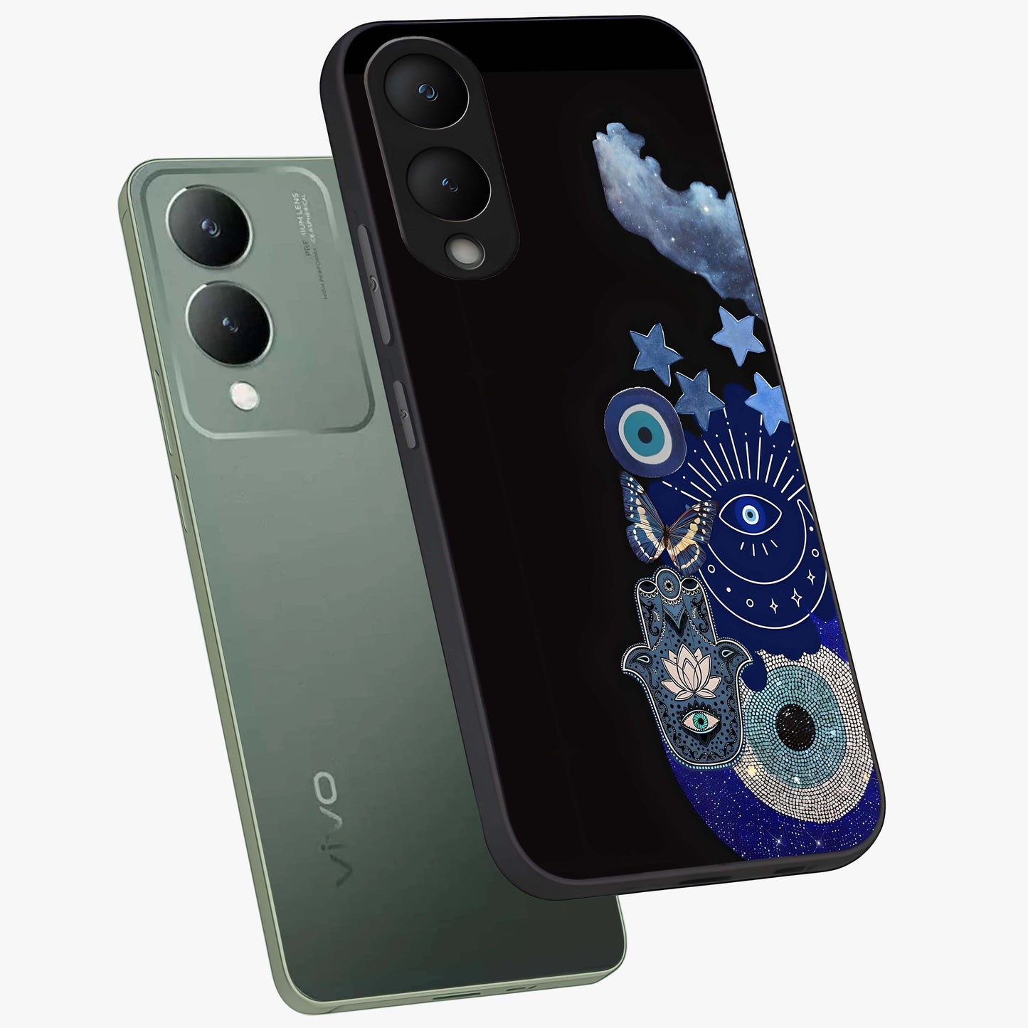 Galactic Charm Cluster Glass Case displayed in angled mockup highlighting luminous galaxy inspired design with dreamy aesthetic.