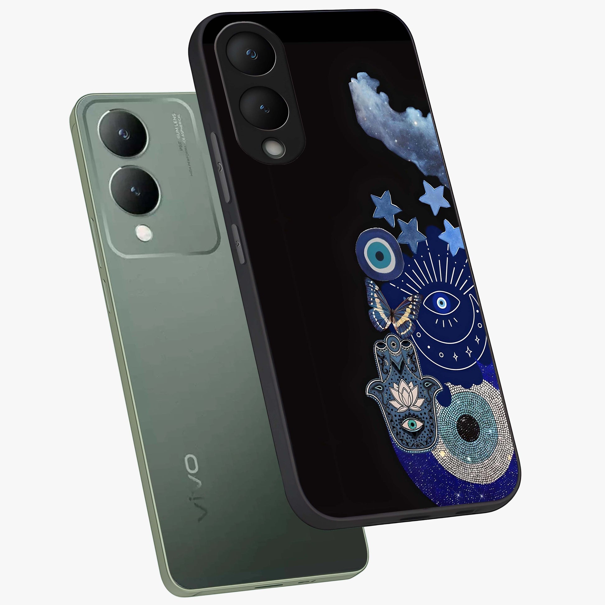 Galactic Charm Cluster Glass Case displayed in angled mockup highlighting luminous galaxy inspired design with dreamy aesthetic.
