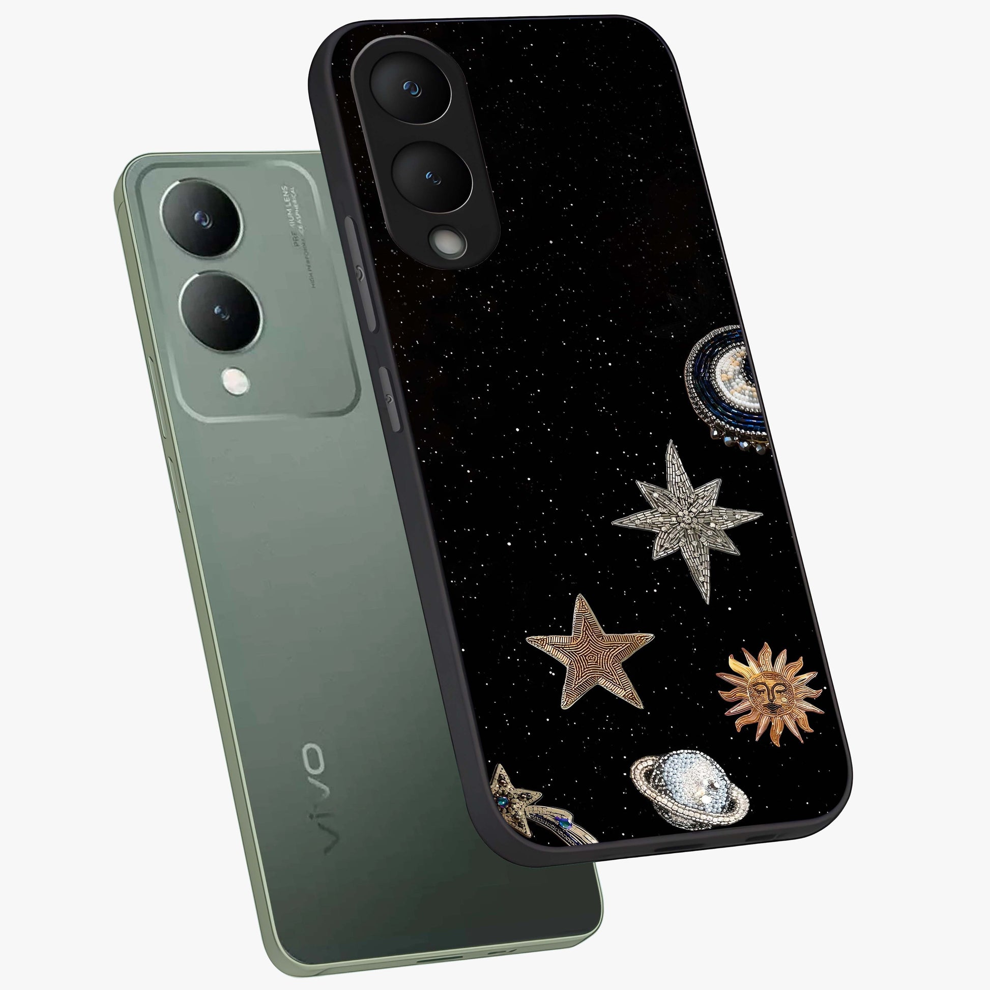 Galactic Charm Glow Glass Case displayed in angled mockup highlighting luminous galaxy inspired design with dreamy aesthetic.
