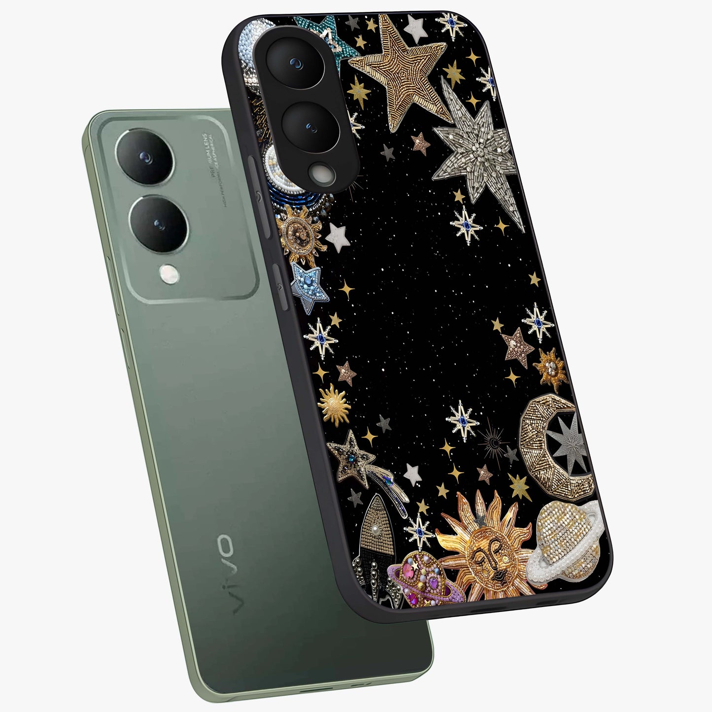 Galactic Jewel Stars Glass Case displayed in angled mockup highlighting shining celestial star design with cosmic aesthetic style.