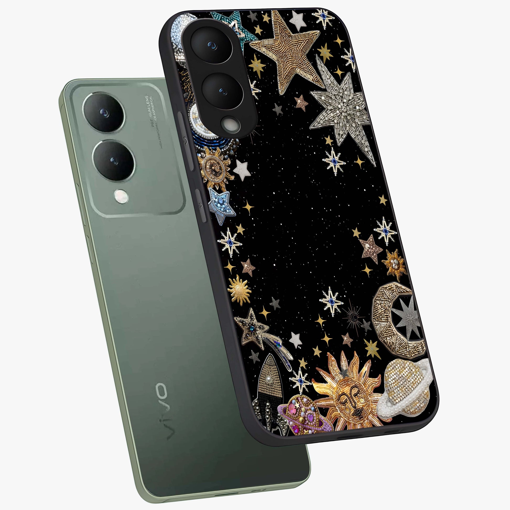 Galactic Jewel Stars Glass Case displayed in angled mockup highlighting shining celestial star design with cosmic aesthetic style.