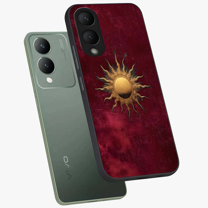 Golden Sun Minimalism Glass Case displayed in angled mockup highlighting clean sun symbol design with modern minimal aesthetic.