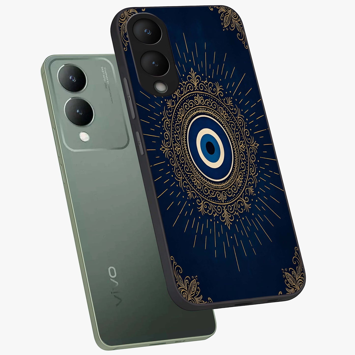 Golden Celestial Charm Glass Case displayed in angled mockup highlighting sparkling cosmic charm design with celestial aesthetic.