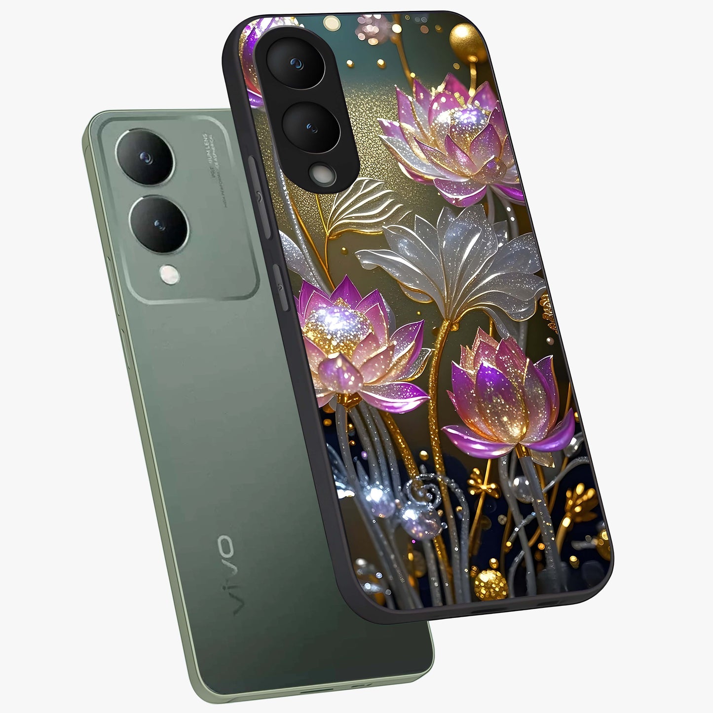 Golden Floral Majesty Glass Case displayed in angled mockup highlighting elegant flower design with royal golden aesthetic.