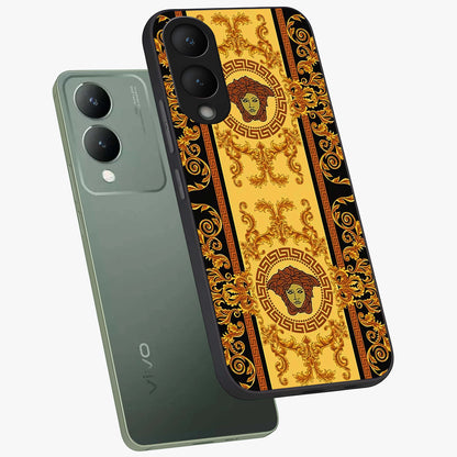 Golden Lotus Glow Glass Case displayed in angled mockup highlighting radiant lotus illustration with spiritual aesthetic.