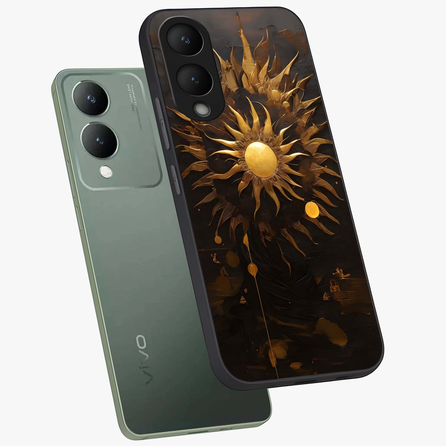 Golden Sun Majesty Glass Case displayed in angled mockup highlighting eerie shadow illustration with gothic aesthetic.