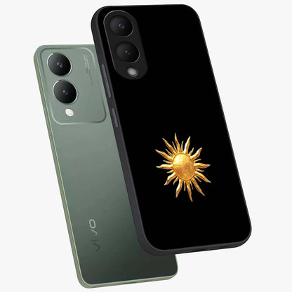 Golden Sun Minimalism Glass Case displayed in angled mockup highlighting eerie shadow illustration with gothic aesthetic.