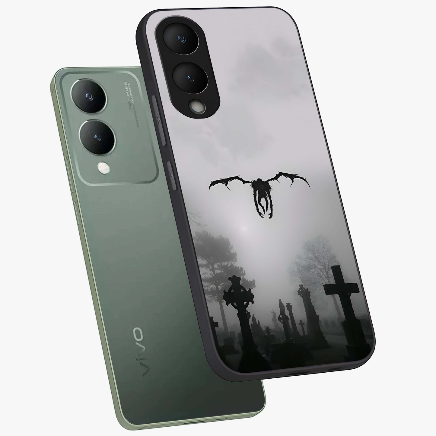 Graveyard Shadow Descent Glass Case displayed in angled mockup highlighting eerie shadow illustration with gothic aesthetic.