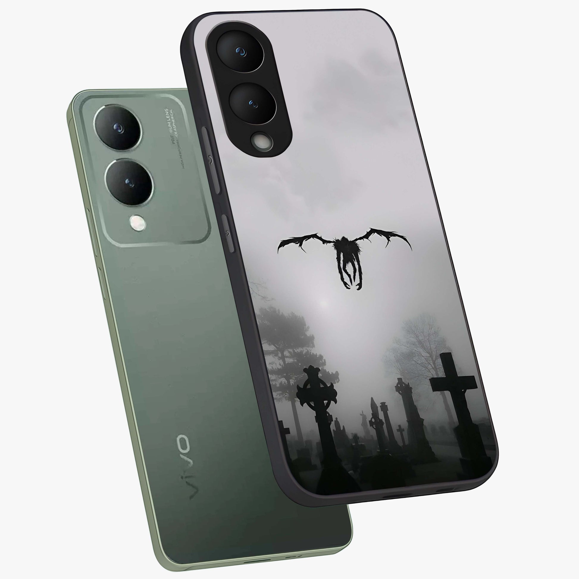 Graveyard Shadow Descent Glass Case displayed in angled mockup highlighting eerie shadow illustration with gothic aesthetic.