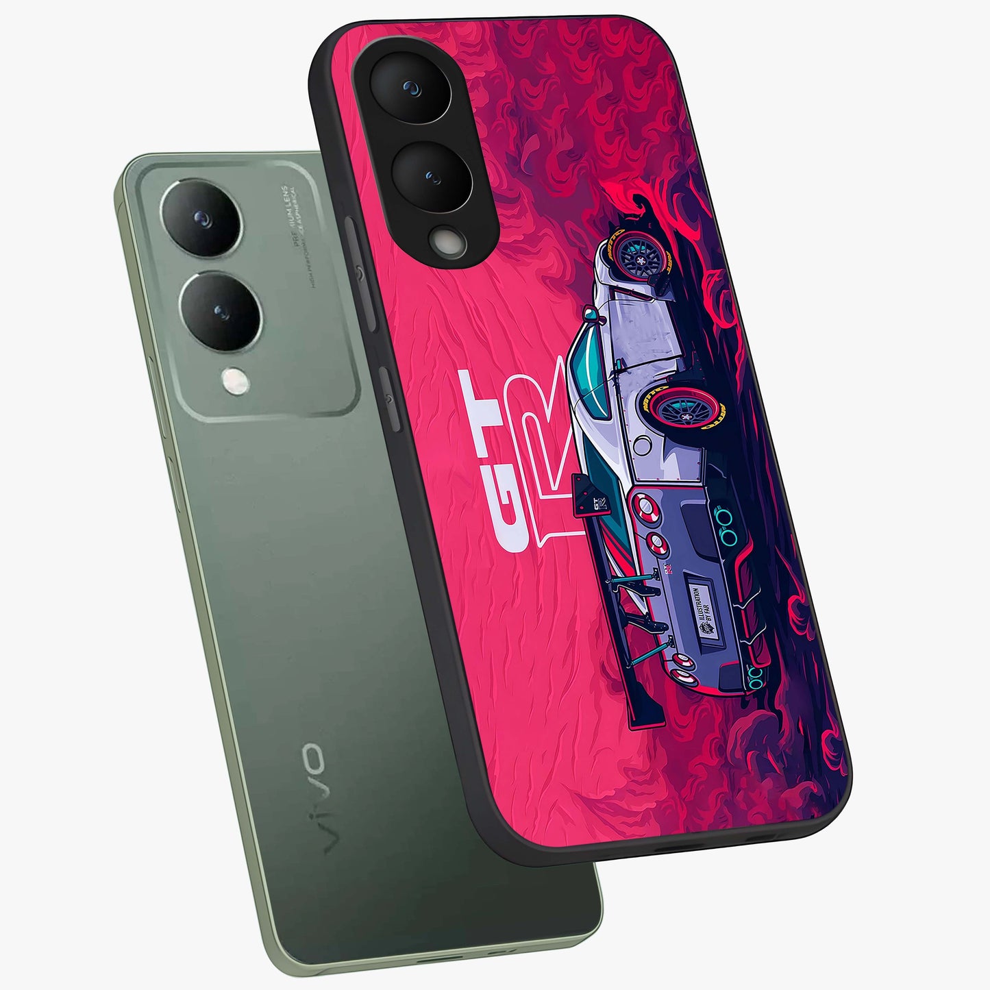 GT-R Car Pattern Glass Case displayed in angled mockup highlighting racing car graphic design with bold automotive aesthetic.