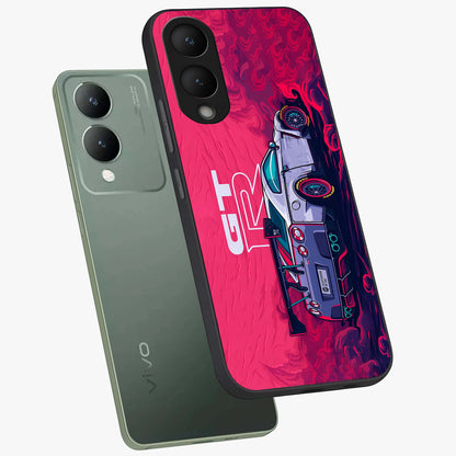 GT-R Car Pattern Glass Case displayed in angled mockup highlighting racing car graphic design with bold automotive aesthetic.