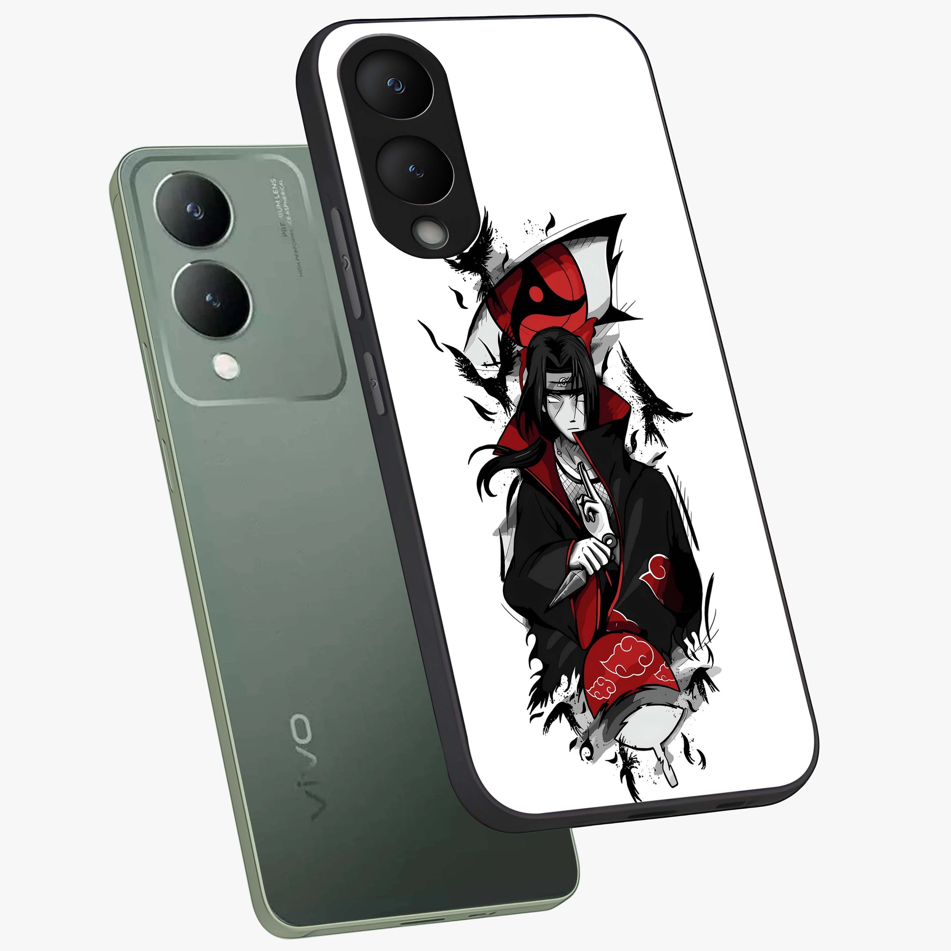 Itachi Limited Edition Naruto Anime Glass Case displayed in angled mockup highlighting dramatic anime illustration with bold action aesthetic.