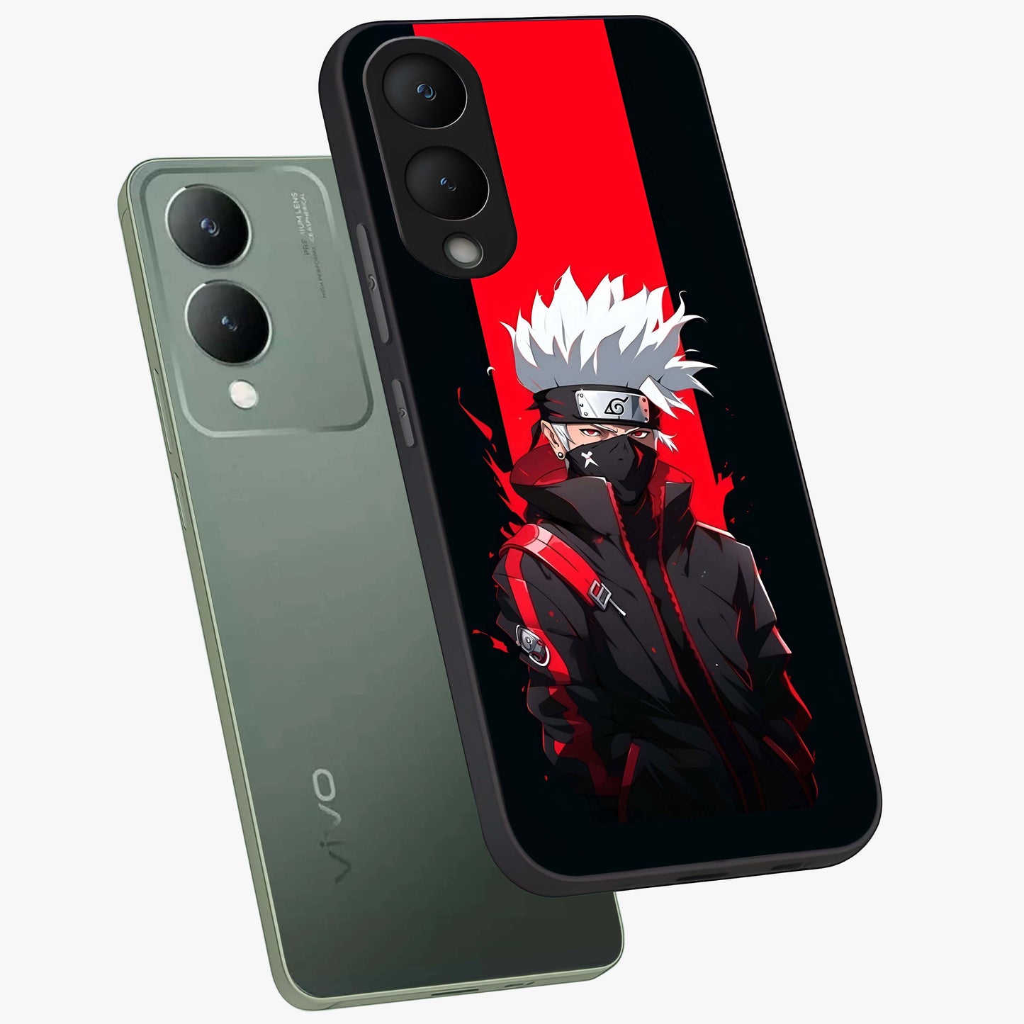 Kakashi Scarlet Shadow Glass Case displayed in angled mockup highlighting dramatic ninja illustration with scarlet themed aesthetic.