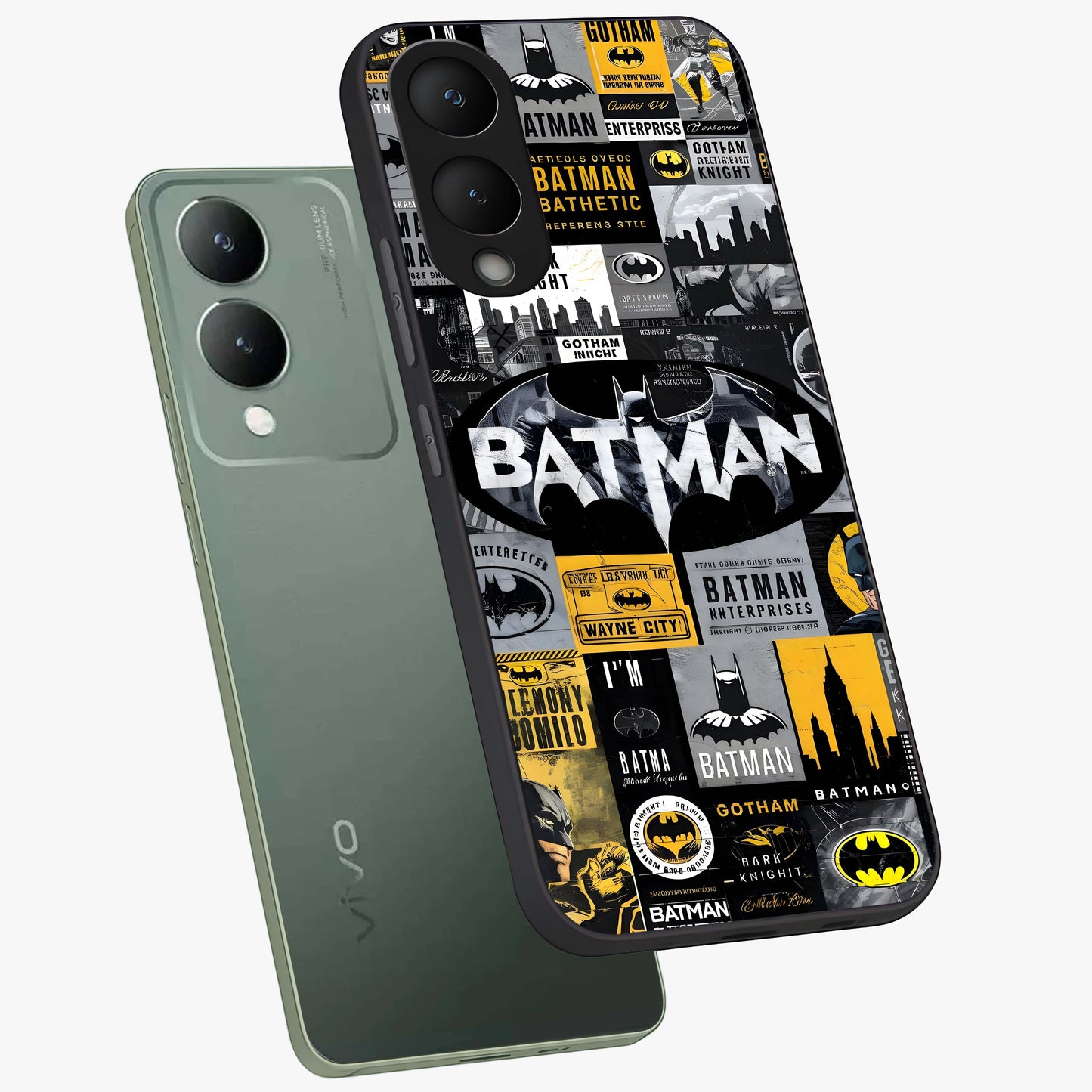 Knight Gotham Rise Glass Case displayed in angled mockup highlighting powerful knight silhouette design with dramatic aesthetic.