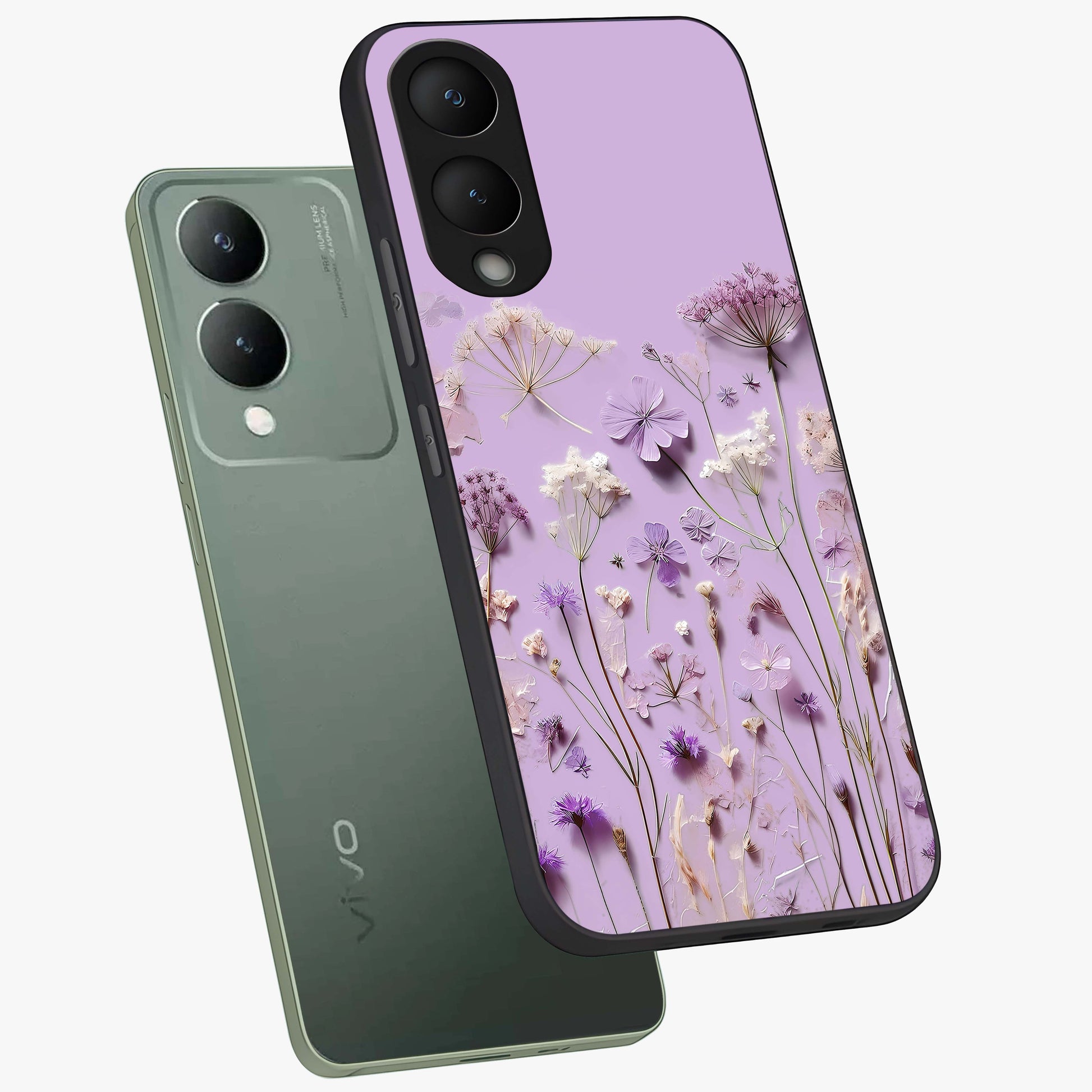 Lavender Blossom Dream Glass Case displayed in angled mockup highlighting dreamy lavender flower design with calming aesthetic style.