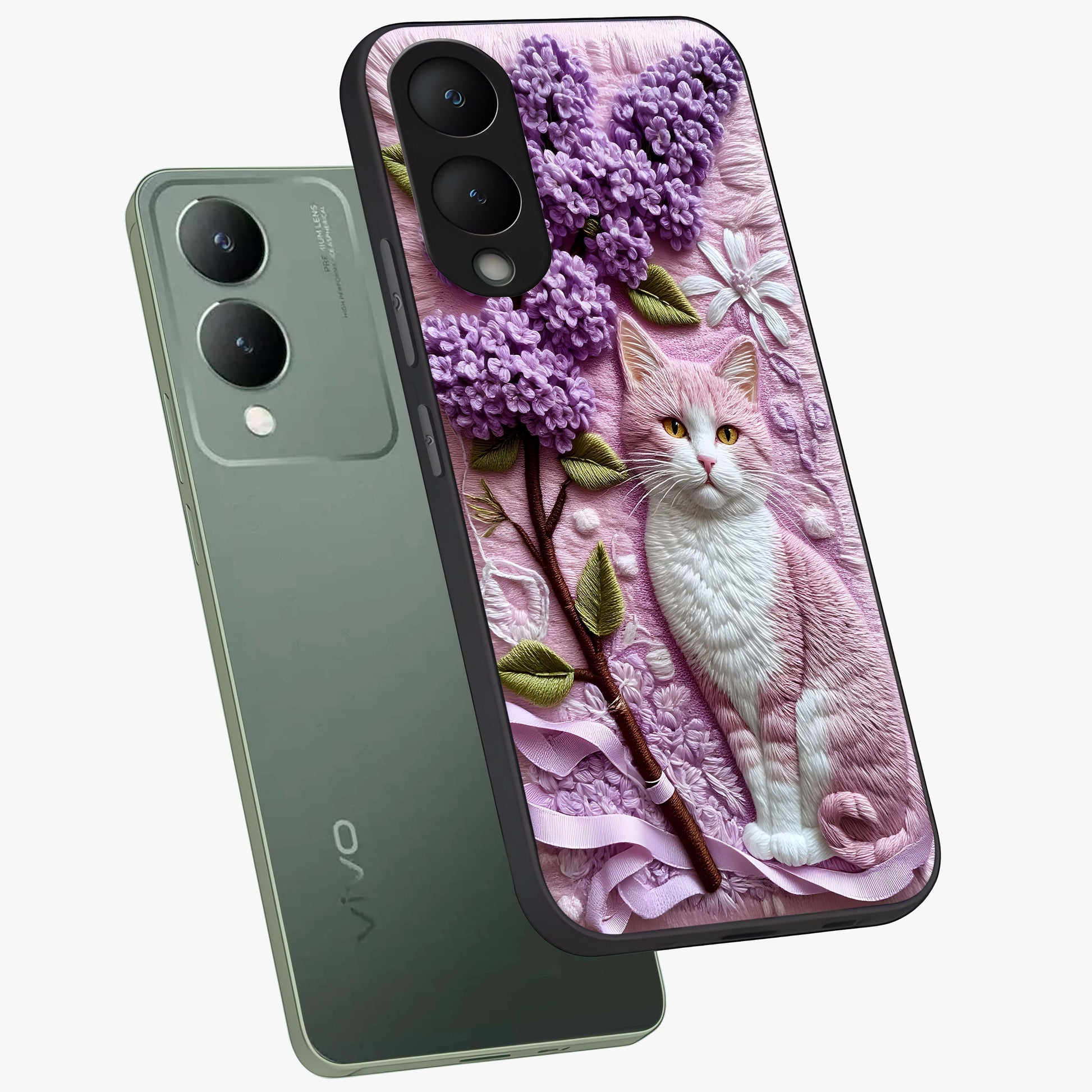 Lavender Cat Whimsy Glass Case displayed in angled mockup highlighting playful feline illustration with pastel lavender aesthetic.