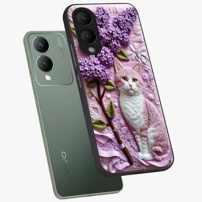 Lavender Cat Whimsy Glass Case displayed in angled mockup highlighting playful feline illustration with pastel lavender aesthetic.