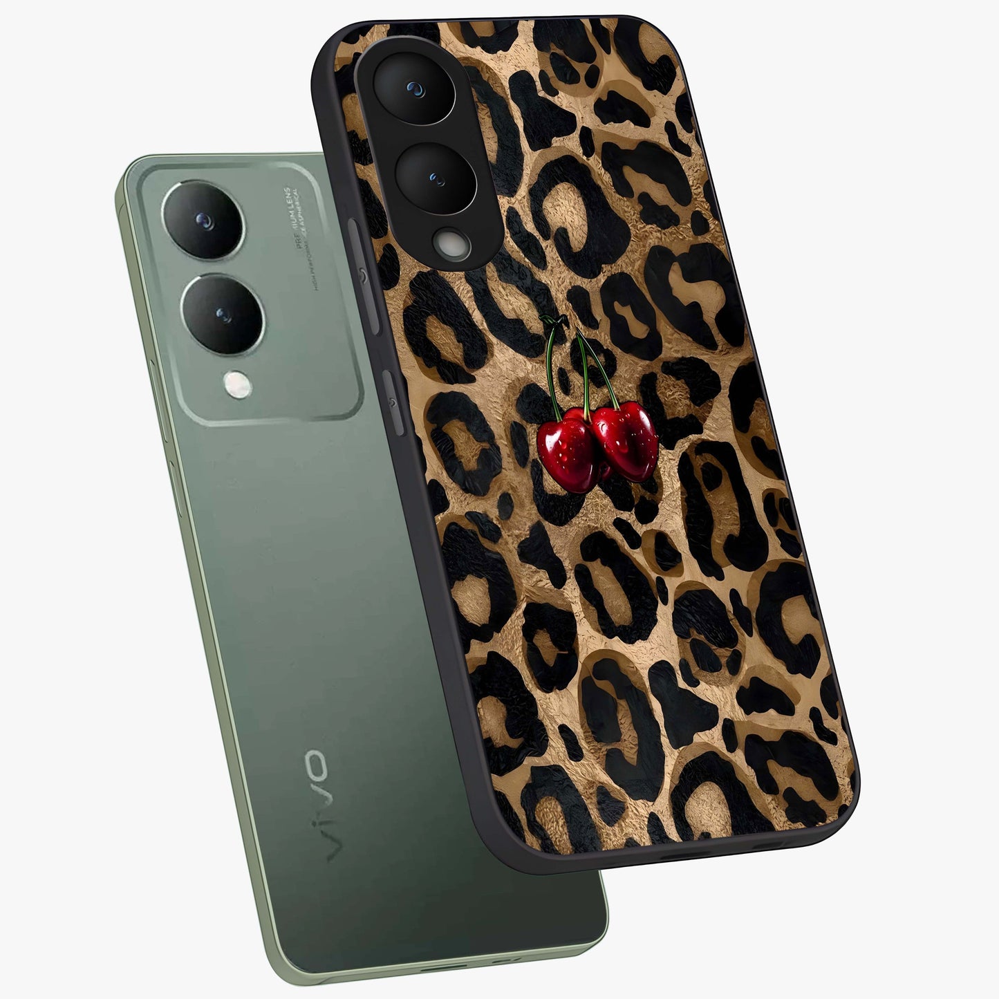 Leopard Wild Cherry Glass Case displayed in angled mockup highlighting bold animal print design with playful cherry aesthetic.