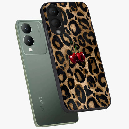 Leopard Wild Cherry Glass Case displayed in angled mockup highlighting bold animal print design with playful cherry aesthetic.