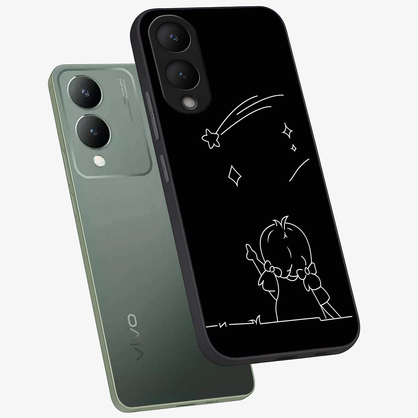 Line Art Girl With Shooting Stars Glass Case displayed in angled mockup highlighting elegant line art design with dreamy star aesthetic.