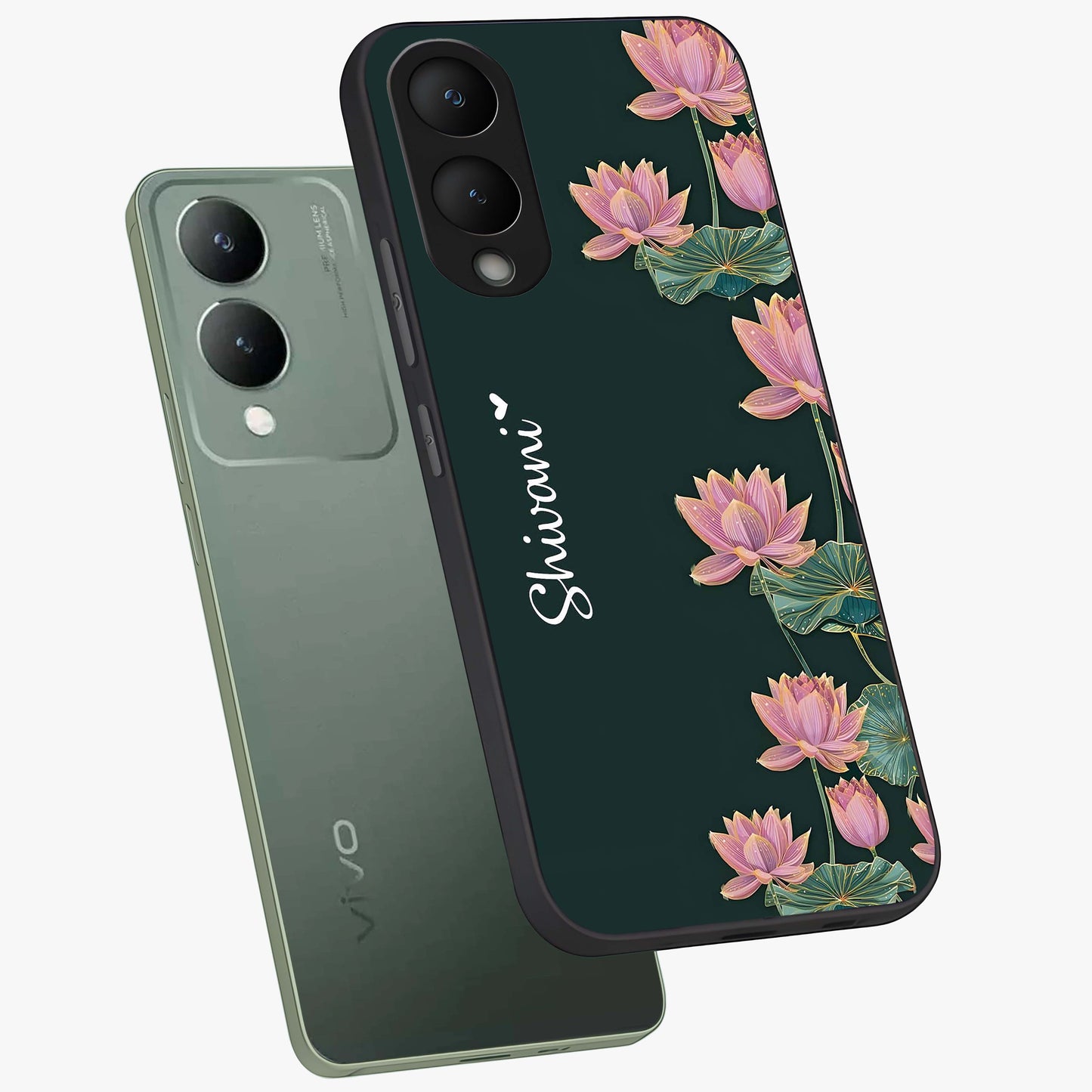 Lotus Bloom Serenity Custom Name Glass Case displayed in angled mockup highlighting graceful lotus illustration with custom name feature.