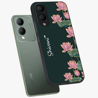 Lotus Bloom Serenity Custom Name Glass Case displayed in angled mockup highlighting graceful lotus illustration with custom name feature.