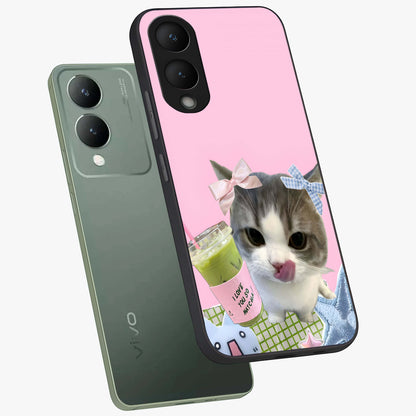 Love Matcha Cat Glass Case displayed in angled mockup highlighting playful feline illustration with cozy matcha aesthetic.
