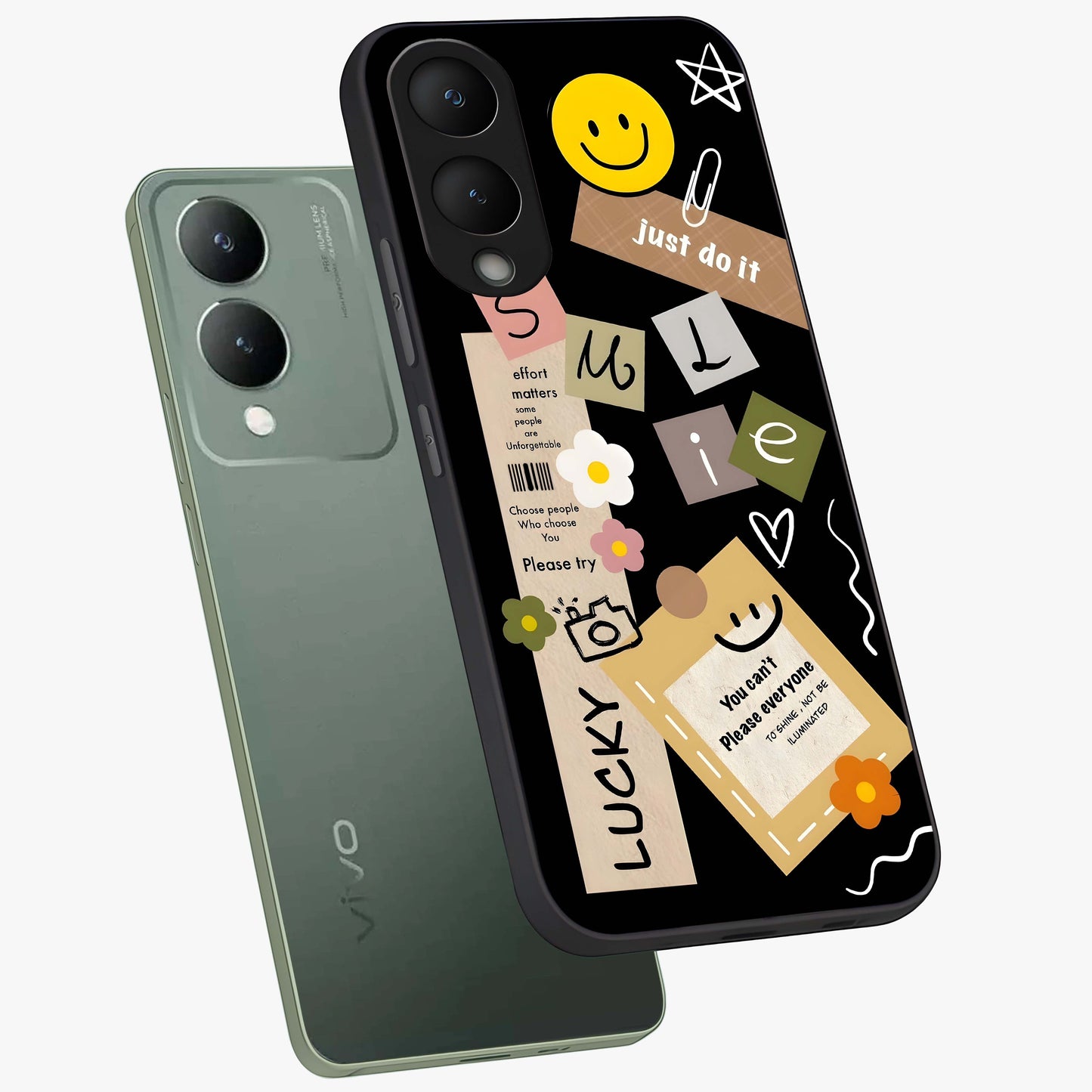 Lucky Aesthetic Collage Glass Case displayed in angled mockup highlighting stylish collage pattern with modern aesthetic vibe.