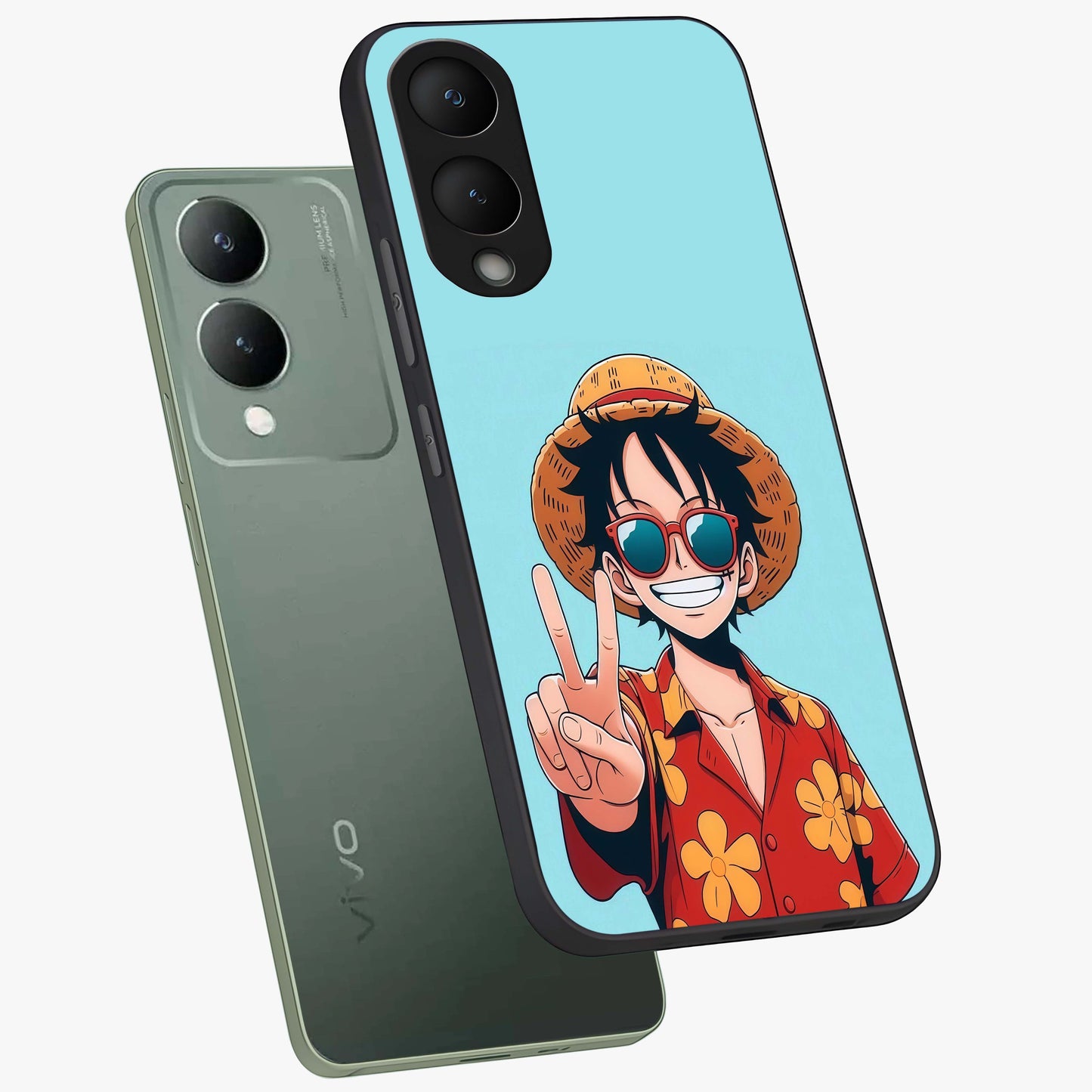 Luffy Summer Anime Vibe Glass Case displayed in angled mockup highlighting energetic anime illustration with summer vibe aesthetic.