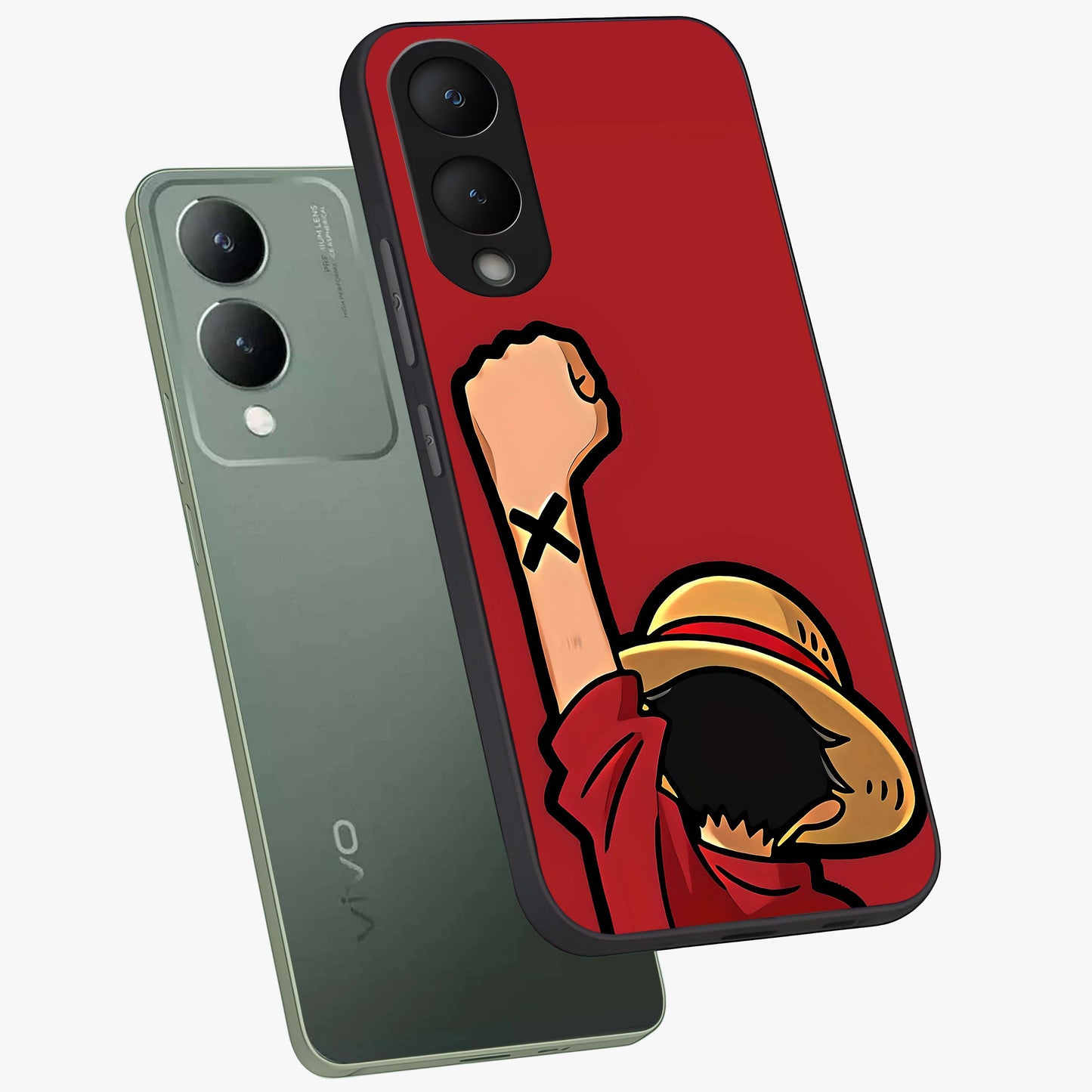 Luffy X Spirit Glass Case displayed in angled mockup highlighting powerful anime design with energetic action aesthetic.