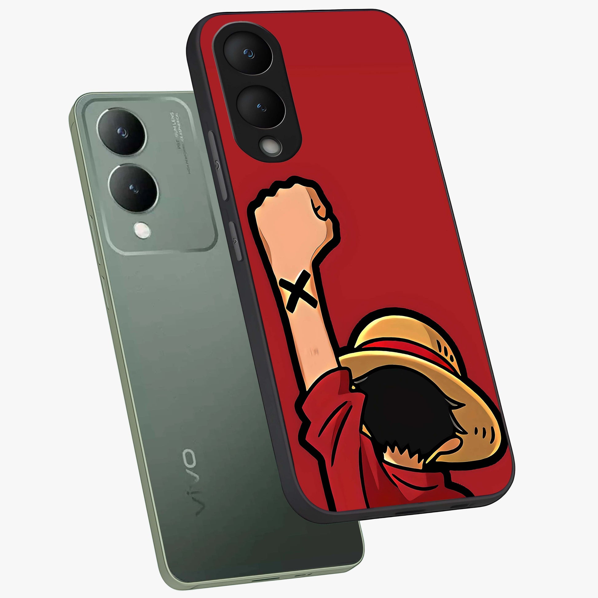 Luffy X Spirit Glass Case displayed in angled mockup highlighting powerful anime design with energetic action aesthetic.