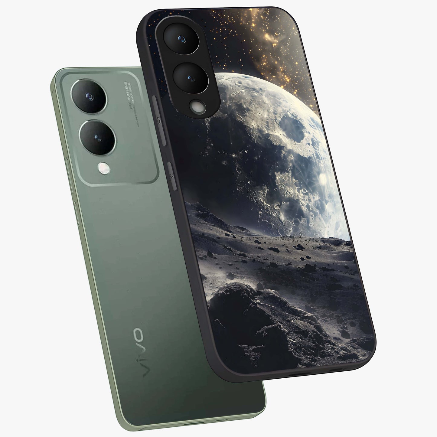 Lunar Horizon Glow Glass Case displayed in angled mockup highlighting celestial moon design with dreamy night aesthetic.