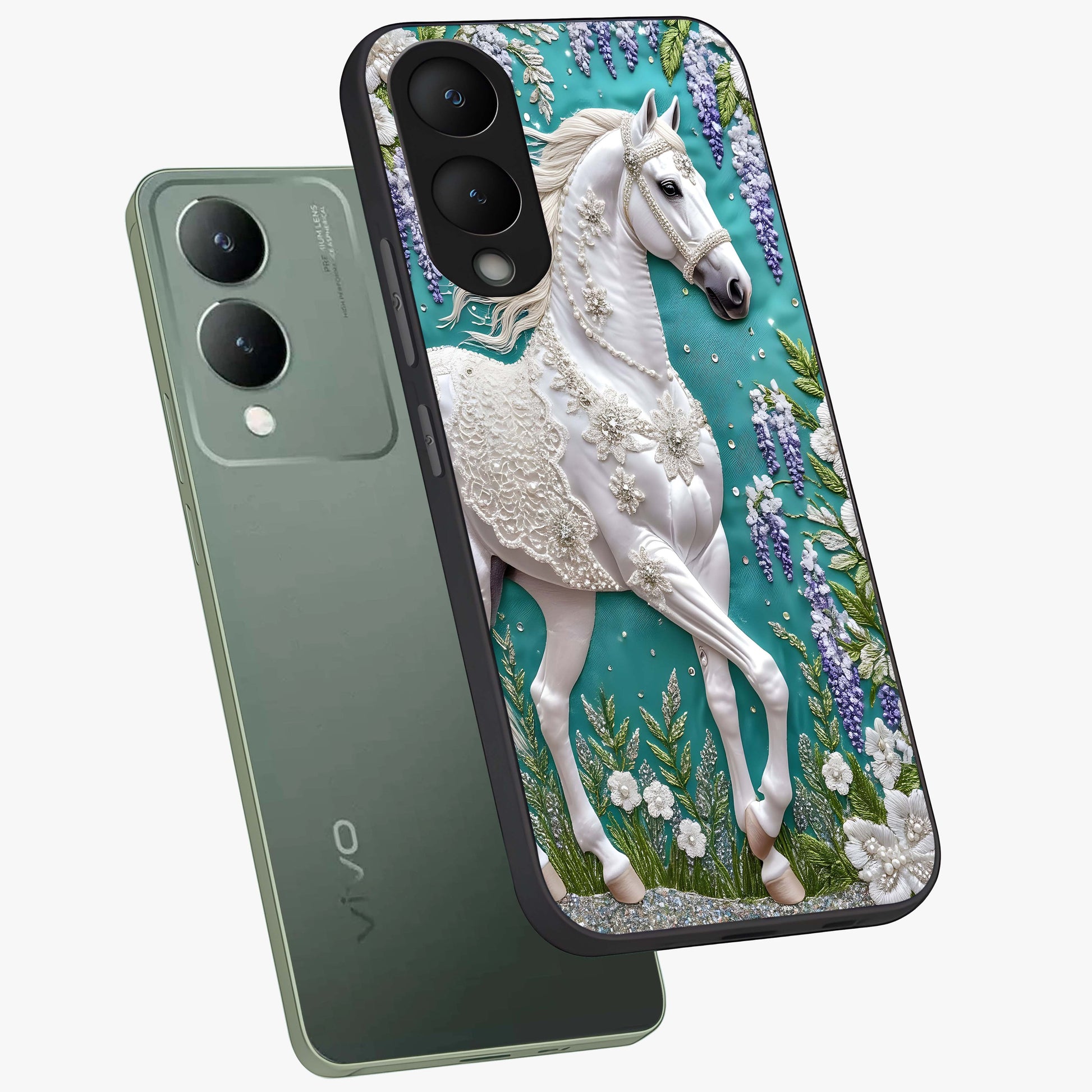 Majestic Floral Stallion Glass Case displayed in angled mockup highlighting majestic stallion illustration with elegant floral aesthetic.