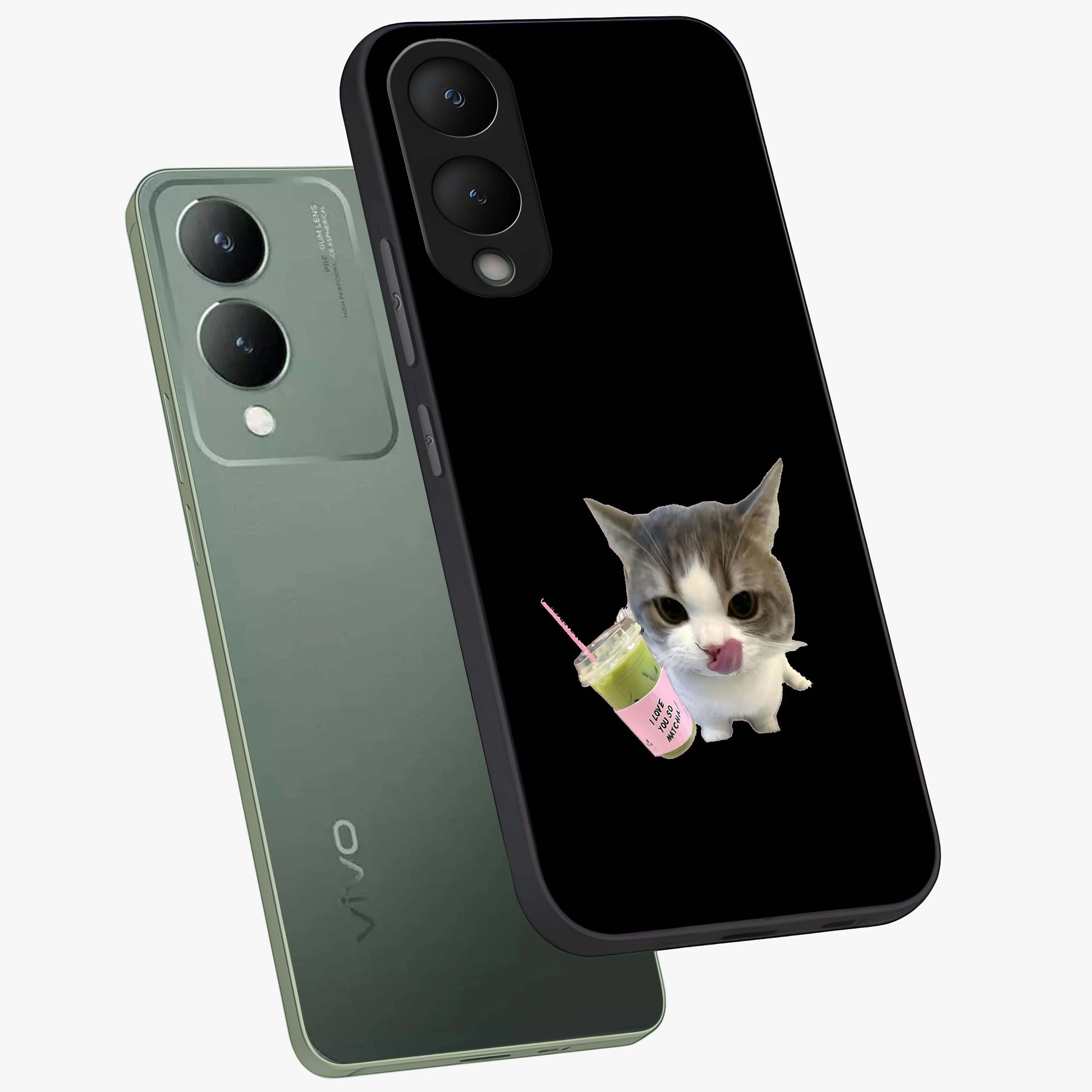 Matcha Cat Style Glass Case displayed in angled mockup highlighting playful feline design with pastel matcha aesthetic.