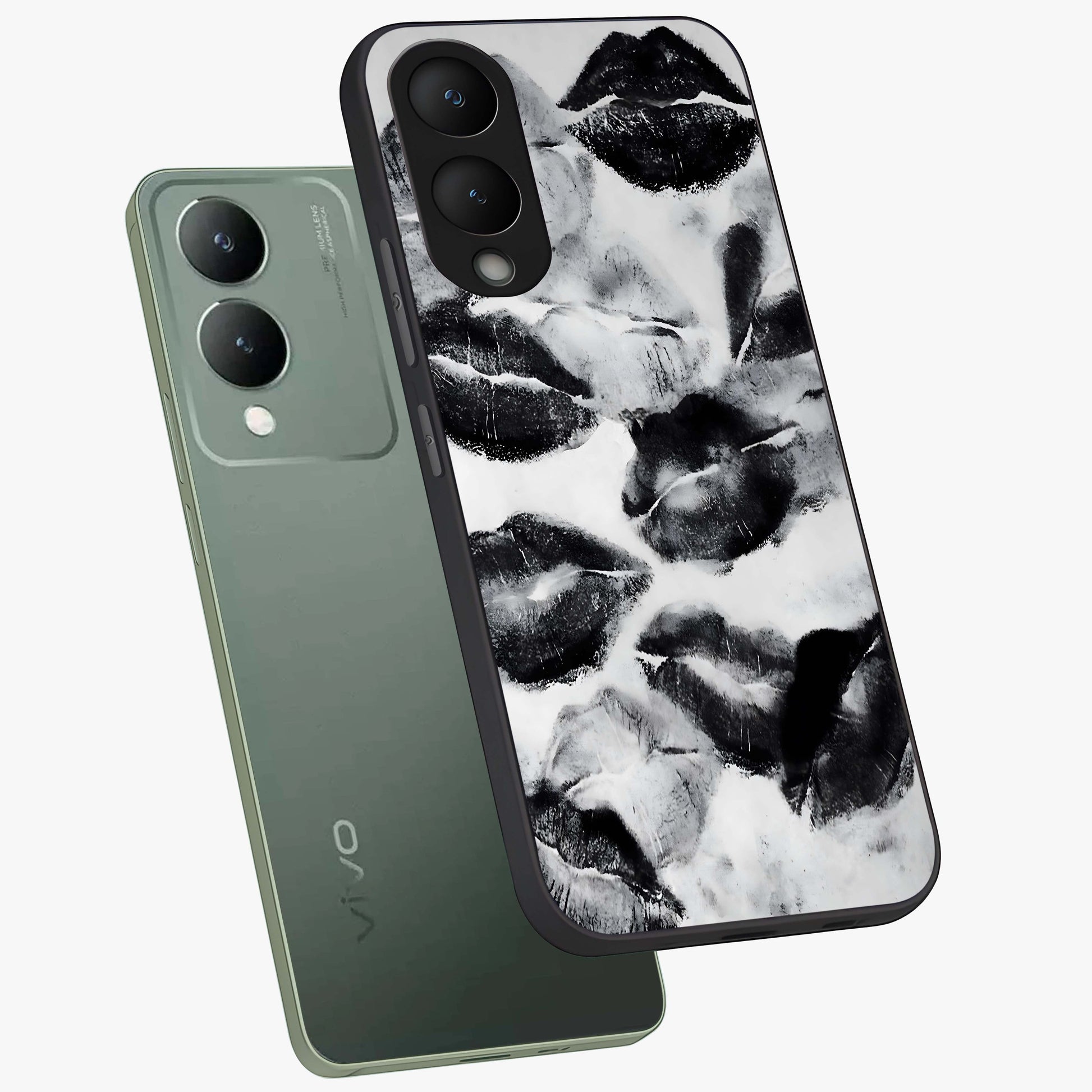 Midnight Kiss Marks Glass Case displayed in angled mockup highlighting playful romantic design with bold midnight aesthetic.