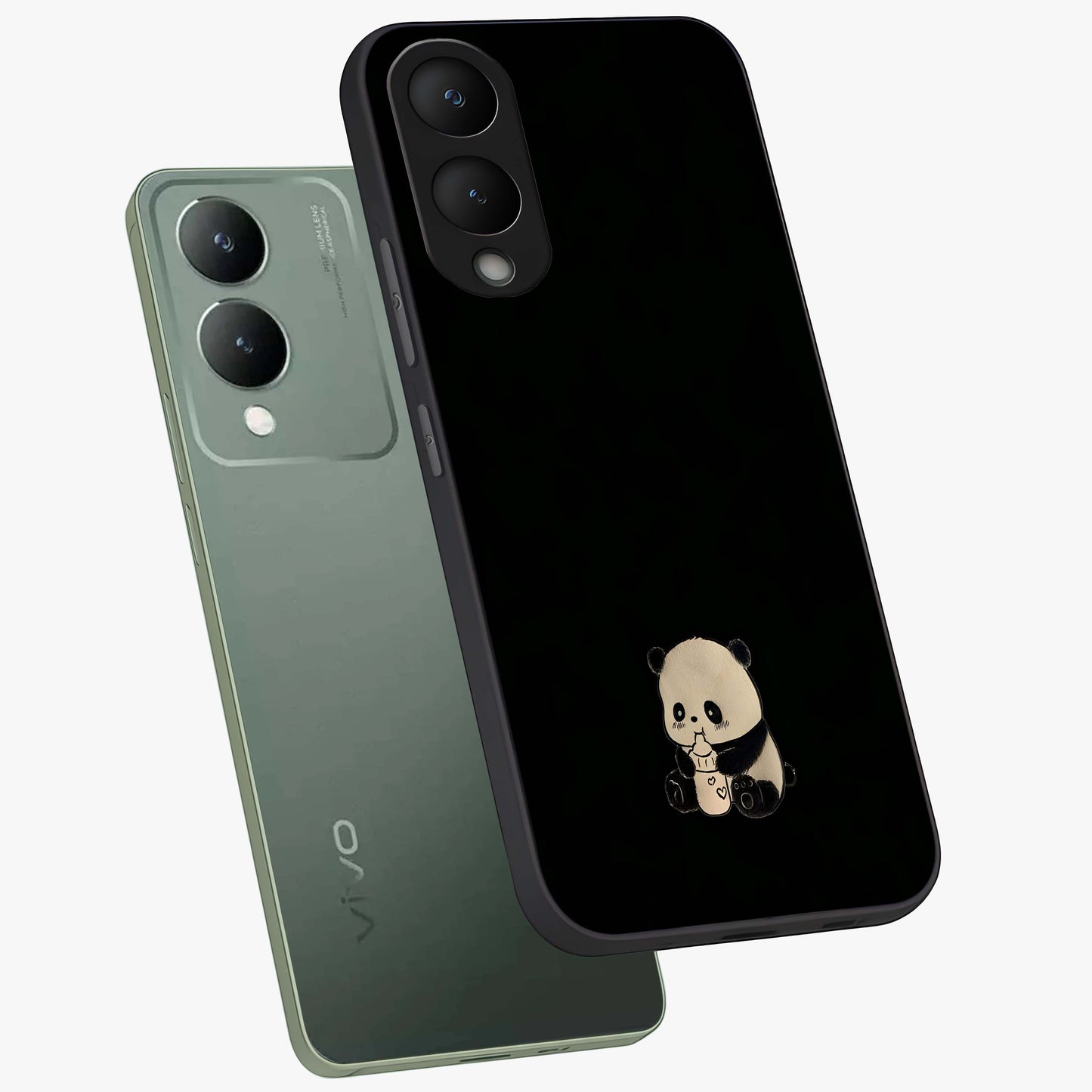 Midnight Panda Love Glass Case displayed in angled mockup highlighting adorable panda illustration with midnight aesthetic.