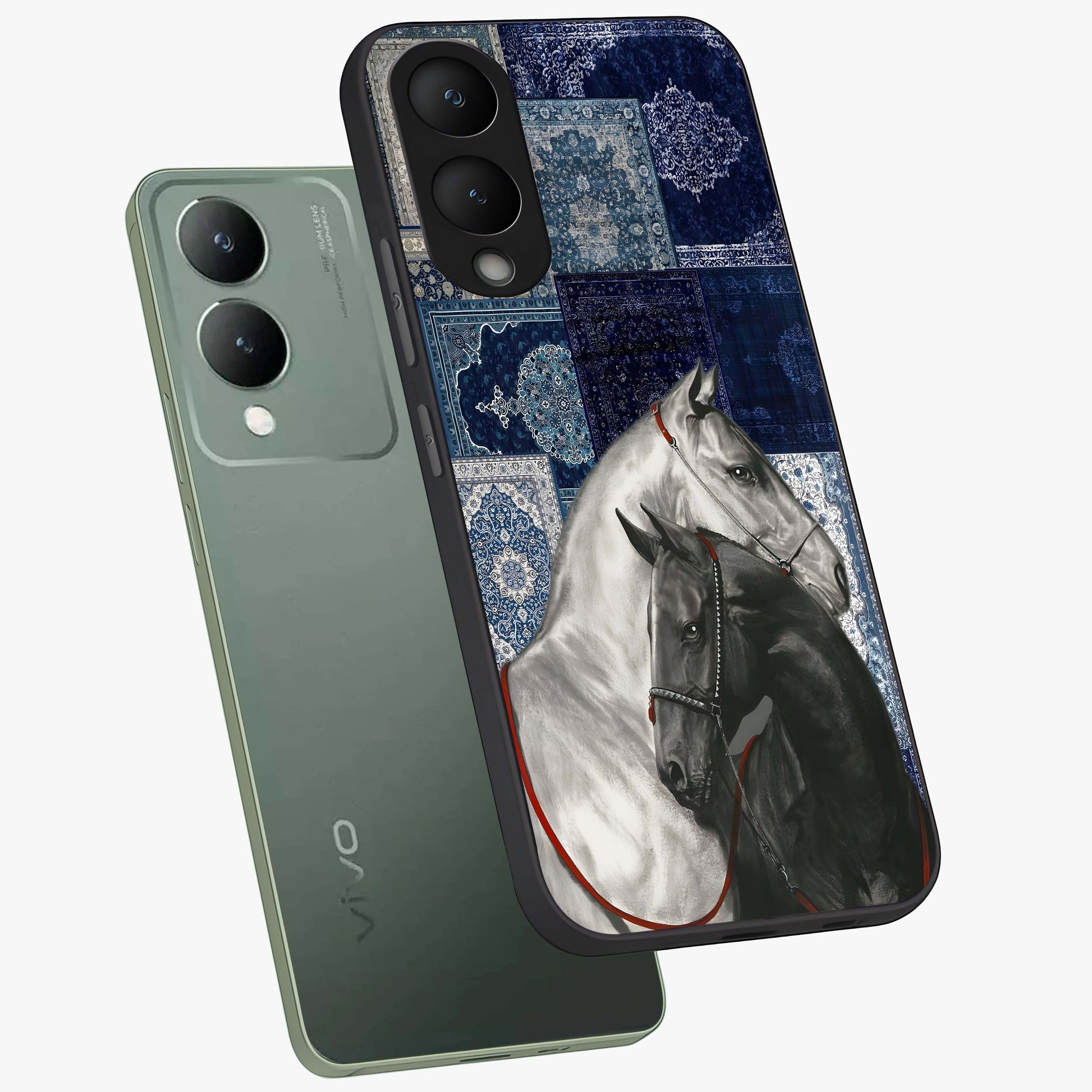 Midnight Stallion Blues Glass Case displayed in angled mockup highlighting powerful stallion illustration with deep midnight tones.