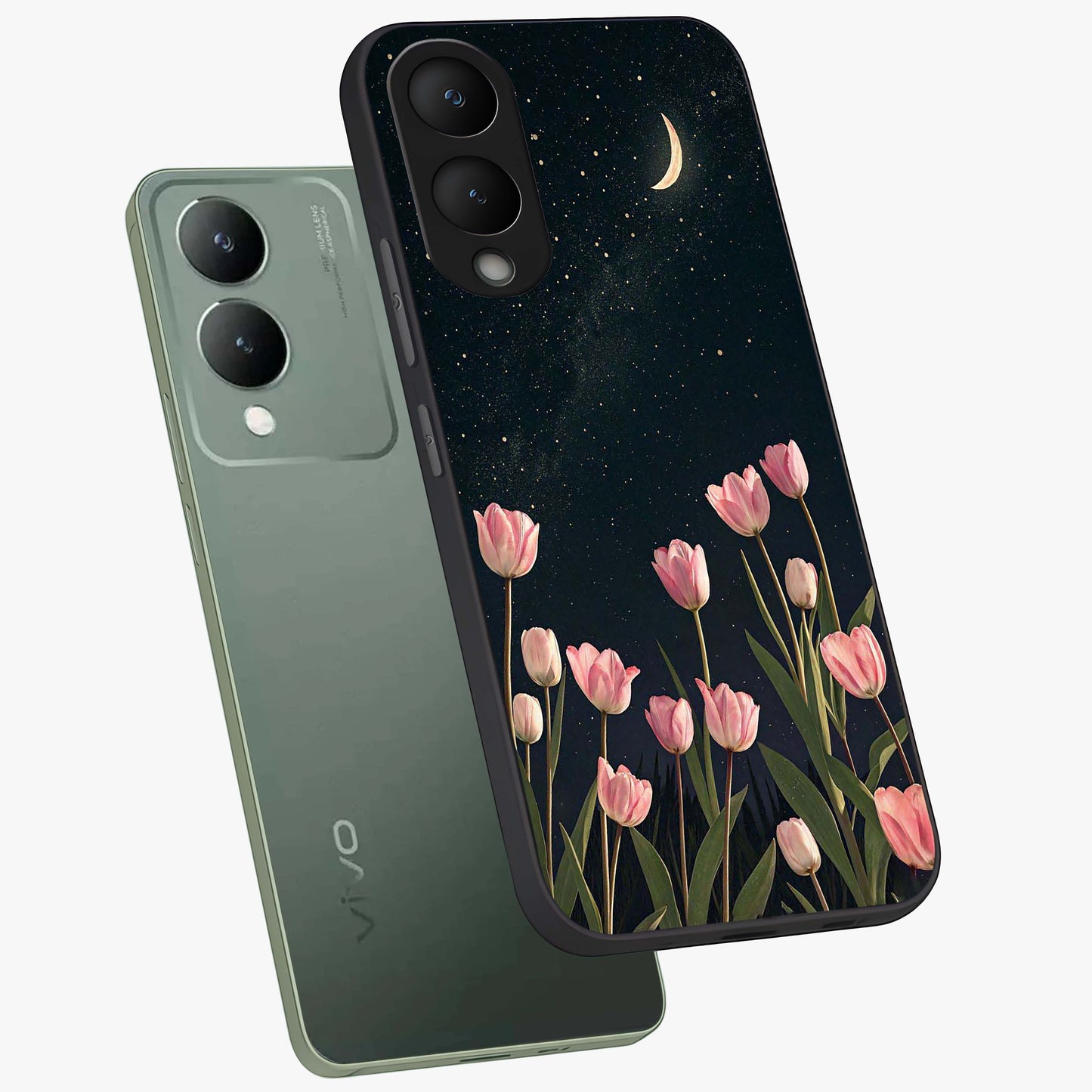 Midnight Tulip Whispers Vibe Glass Case displayed in angled mockup highlighting delicate tulip design with midnight floral aesthetic.