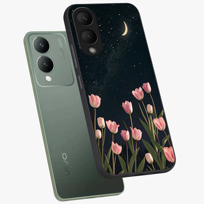 Midnight Tulip Whispers Vibe Glass Case displayed in angled mockup highlighting delicate tulip design with midnight floral aesthetic.