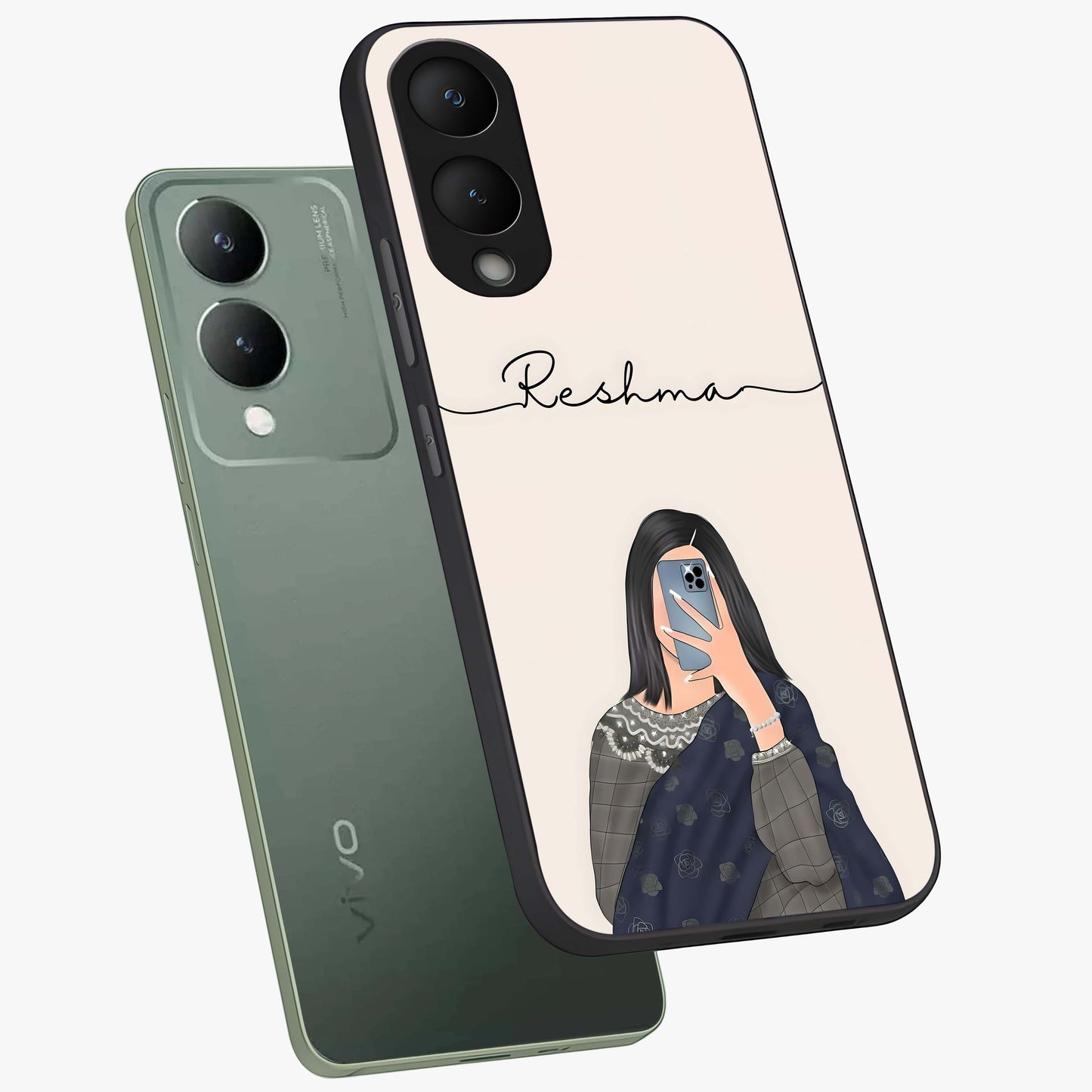 Mirror Mood Muse With Custom Name Glass Case displayed in angled mockup highlighting aesthetic mirror inspired design with custom name feature.