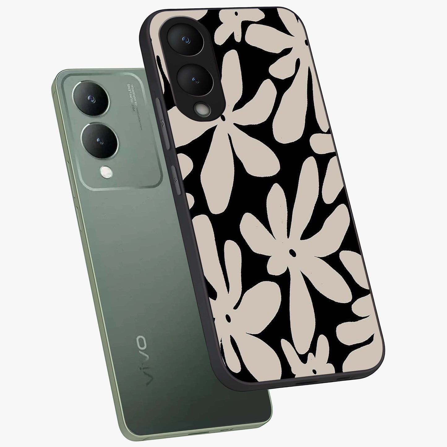 Monochrome Petal Dance Glass Case displayed in angled mockup highlighting elegant petal design with black and white aesthetic.