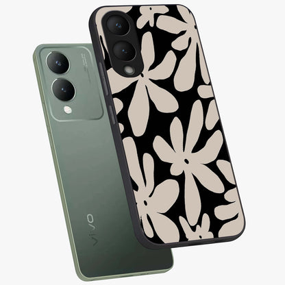 Monochrome Petal Dance Glass Case displayed in angled mockup highlighting elegant petal design with black and white aesthetic.
